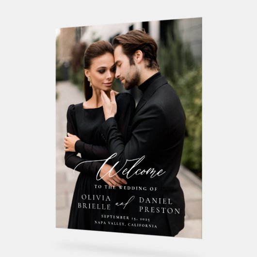 Moderne Elegante Fotokalligrafie Huwelijk Welkom Acryl Bord (Hoek)