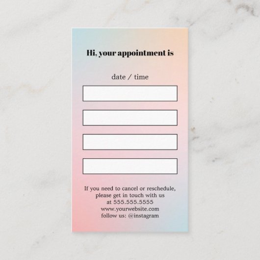 Moderne elegante gedurfde pastelgradiënt afsprakenkaartje (Achterkant)