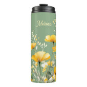 Moderne Elegante Geel Groene Waterverf Bloemen Thermosbeker (Voorkant)