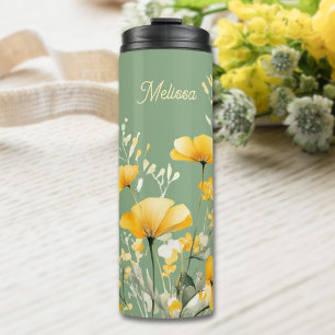 Moderne Elegante Geel Groene Waterverf Bloemen Thermosbeker