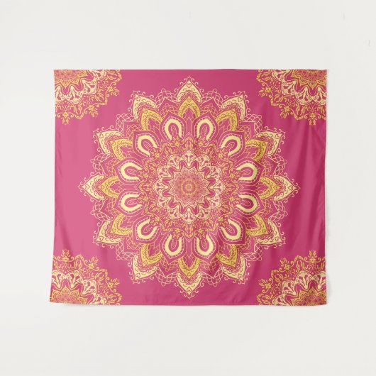 Moderne Elegante Gele Framboos Roze Boho Mandala Wandkleed (Voorkant (horizontaal))