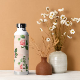 Moderne Elegante Gepersonaliseerde Naam Pink Rose Waterfles