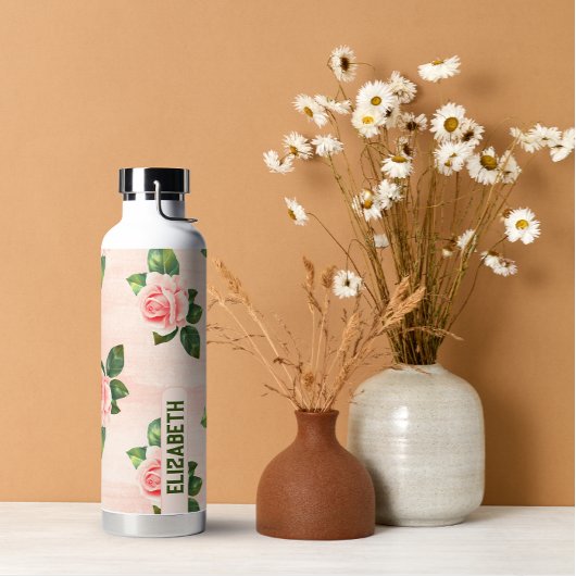 Moderne Elegante Gepersonaliseerde Naam Pink Rose Waterfles