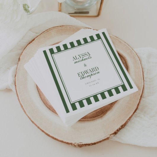 Moderne Elegante Gestreepte Olijfgroene Script Bru Servet