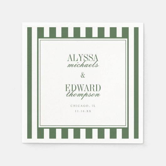 Moderne Elegante Gestreepte Olijfgroene Script Bru Servet (Voorkant)