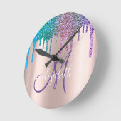 Moderne elegante glitter Drift Roos Gold Monogram Ronde Klok (Hoek)