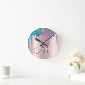 Moderne elegante glitter Drift Roos Gold Monogram Ronde Klok (Huis)