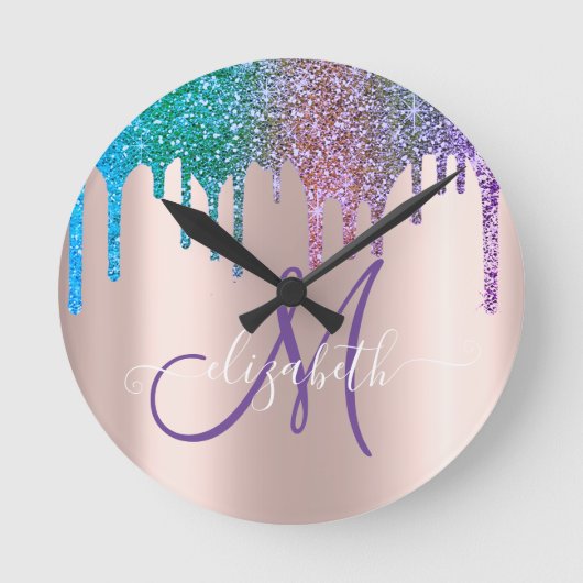 Moderne elegante glitter Drift Roos Gold Monogram Ronde Klok (Voorkant)