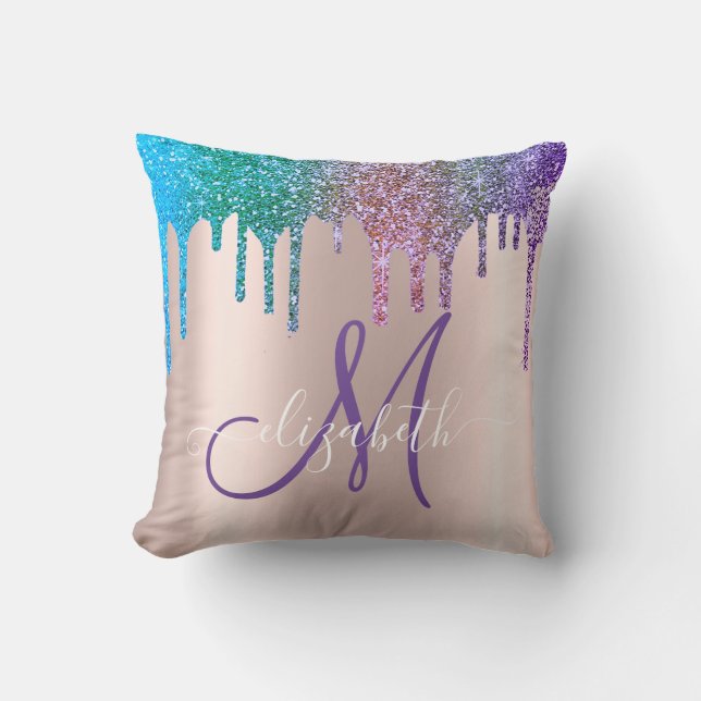 Moderne Elegante Glitter Drips Roze Goud Monogram Kussen (Voorkant)