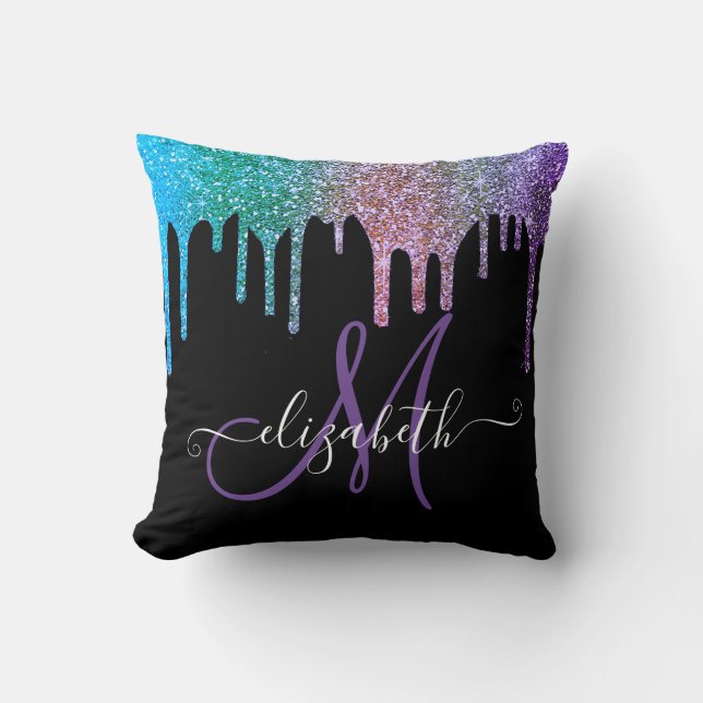 Moderne Elegante Glitter Druppels Zwart Monogram Kussen (Voorkant)