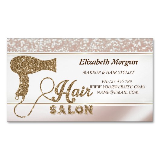 Moderne elegante glitter-hairdroger magnetisch visitekaartje (Voorkant)