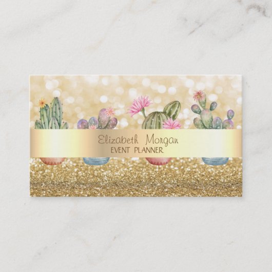 Moderne Elegante Glitterige Bokeh Succulenten Visitekaartje (Voorkant)
