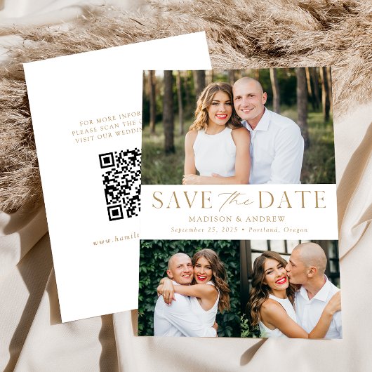 Moderne Elegante Gouden 3 Foto QR Code Save The Date