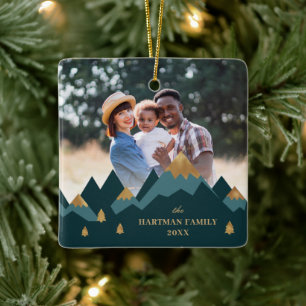 Moderne Elegante Gouden Bergen Foto Kerstmis  Keramisch Ornament