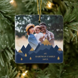 Moderne Elegante Gouden Bergen Foto Kerstmis Keramisch Ornament