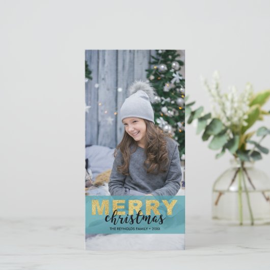 Moderne Elegante Gouden Blauwe Prettig Kerstmis Fo Feestdagenkaart (Staand voorkant)