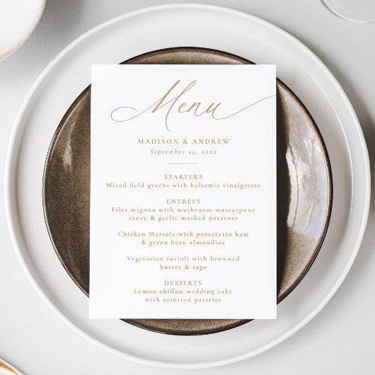 Moderne Elegante Gouden Calligrafie Bruiloft Menu