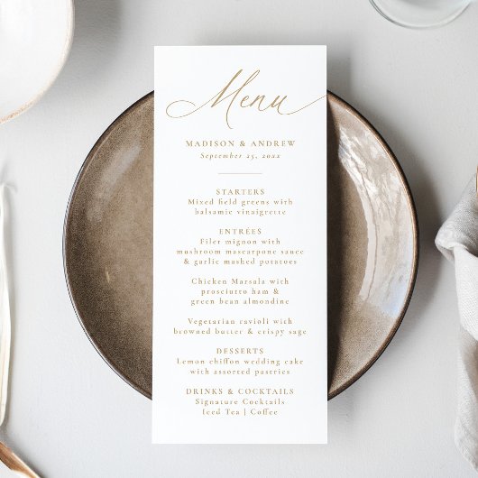 Moderne Elegante Gouden Calligrafie Bruiloft Menu