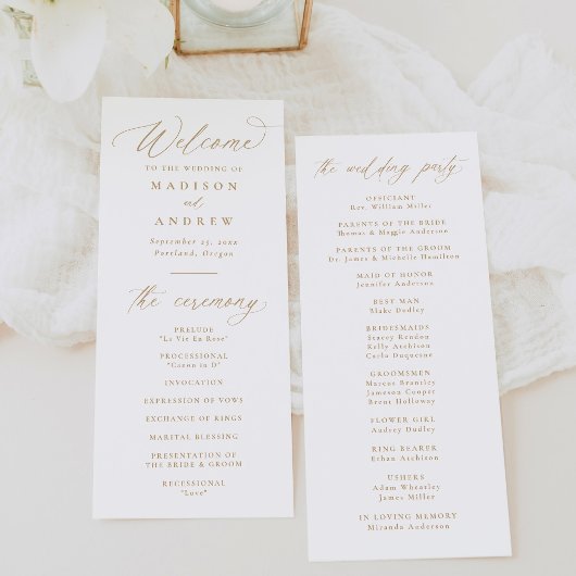 Moderne Elegante Gouden Calligrafie Bruiloft Programmakaart