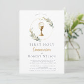 Moderne Elegante Gouden Cirkel Eerste Communie Kaart (Staand voorkant)