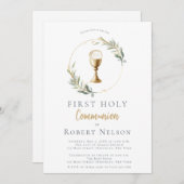 Moderne Elegante Gouden Cirkel Eerste Communie Kaart (Voorkant / Achterkant)
