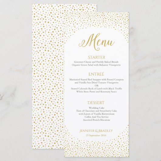 Moderne Elegante Gouden Confetti Bruiloft Menu (Voorkant / Achterkant)