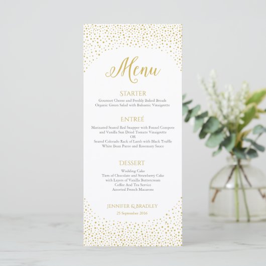 Moderne Elegante Gouden Confetti Bruiloft Menu (Staand voorkant)