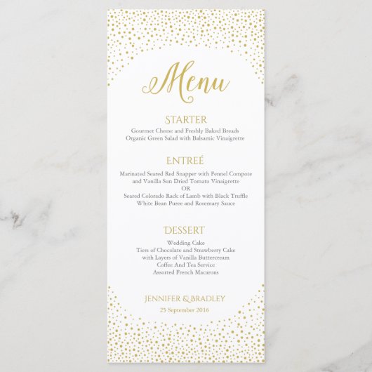 Moderne Elegante Gouden Confetti Bruiloft Menu (Voorkant)