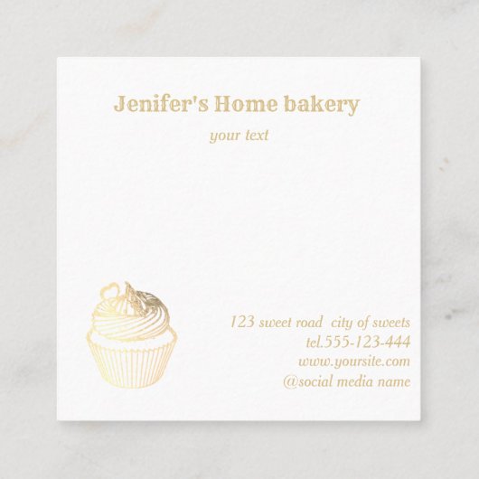 Moderne elegante gouden folie cupcake zelfgemaakte vierkante visitekaartje (Achterkant)