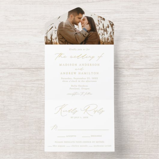 Moderne Elegante Gouden Folie Script Fotobruiloft All In One Uitnodiging (Binnenkant)