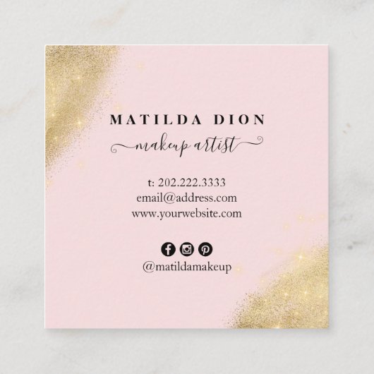 Moderne elegante gouden glitter roze make-up artie vierkante visitekaartje (Achterkant)