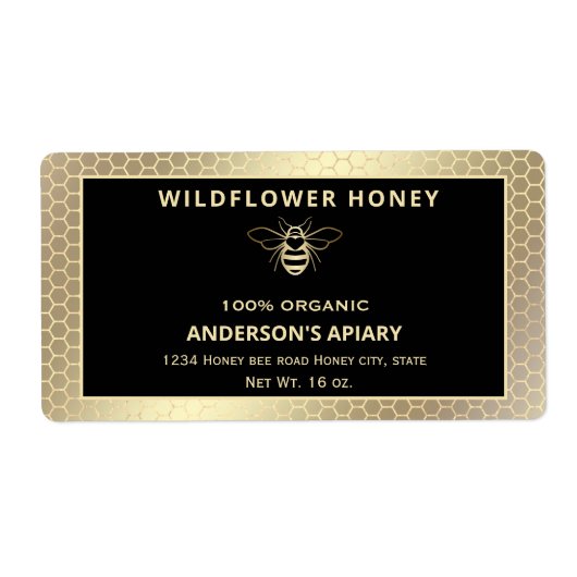 Moderne elegante gouden honingbij honingpot etiket (Voorkant)