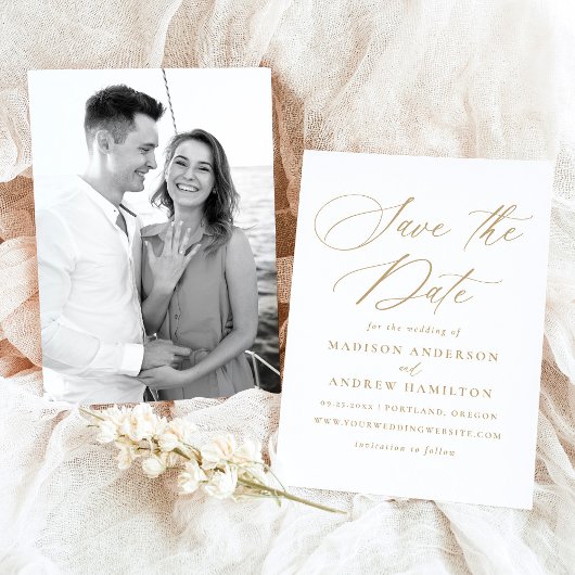 Moderne Elegante Gouden Kalligrafie Fotobruiloft Save The Date