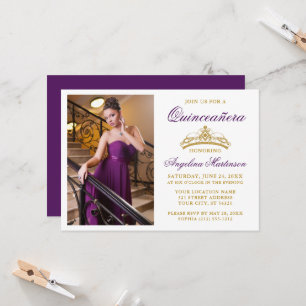 Moderne Elegante Gouden Kroon Foto Paarse Quincean Kaart