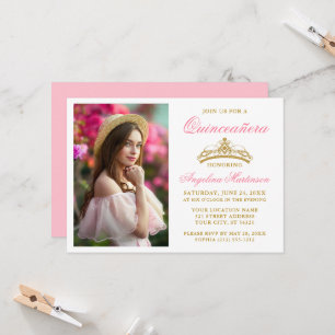 Moderne Elegante Gouden Kroon Foto Roze Quinceaner Kaart