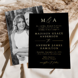 Moderne Elegante Gouden Monogram Foto Bruiloft Folie Uitnodiging