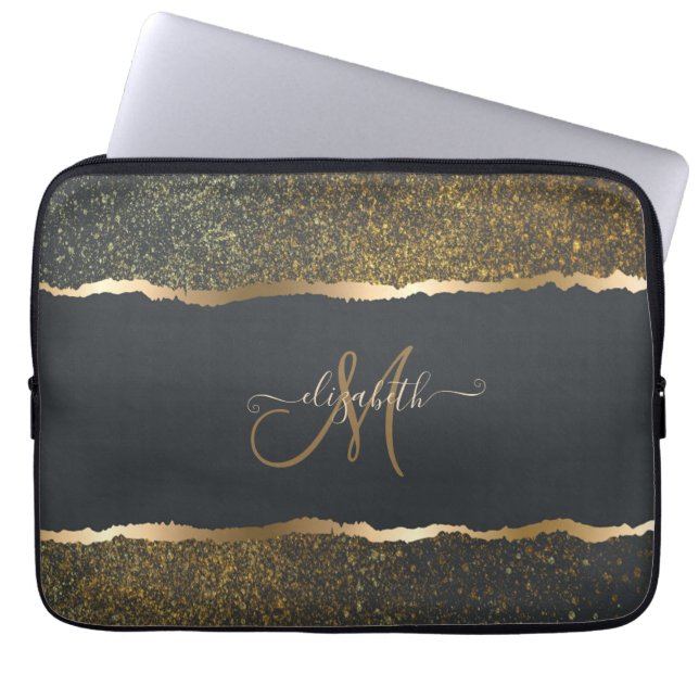Moderne Elegante Gouden Monogram Laptop Sleeve (Voorkant)
