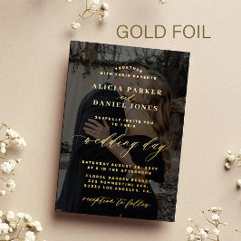 Moderne elegante gouden overlay foto zwart bruilof folie uitnodiging