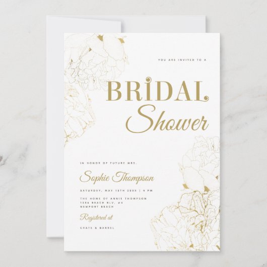 Moderne Elegante Gouden Pioenrozen Schets Bruiloft Kaart (Voorkant)