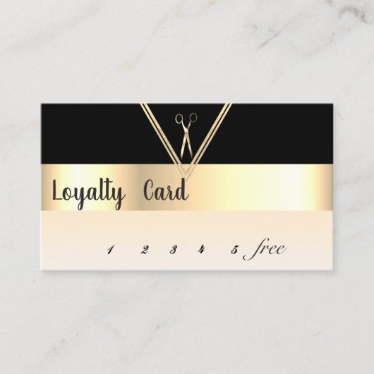 Moderne Elegante Gouden Schaar Zwarte Loyaltyka Klantenkaartje (Voorkant)
