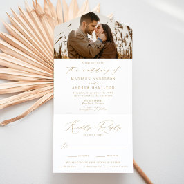 Moderne Elegante Gouden Script Foto Bruiloft All In One Uitnodiging