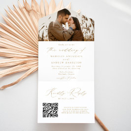 Moderne Elegante Gouden Script Foto Bruiloft All In One Uitnodiging