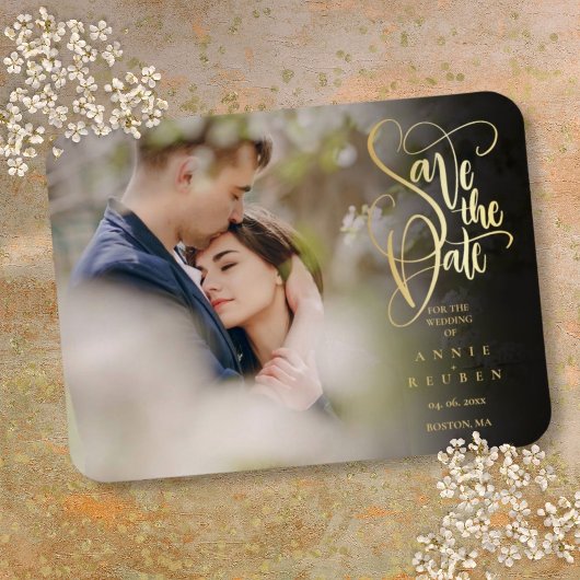 Moderne Elegante Gouden Script Foto Save the Date Magneet