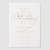 Moderne Elegante Gouden Scriptie Bruiloft Vellum Uitnodigingen (Voorkant)