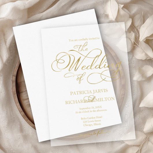 Moderne Elegante Gouden Scriptie Bruiloft Vellum Uitnodigingen