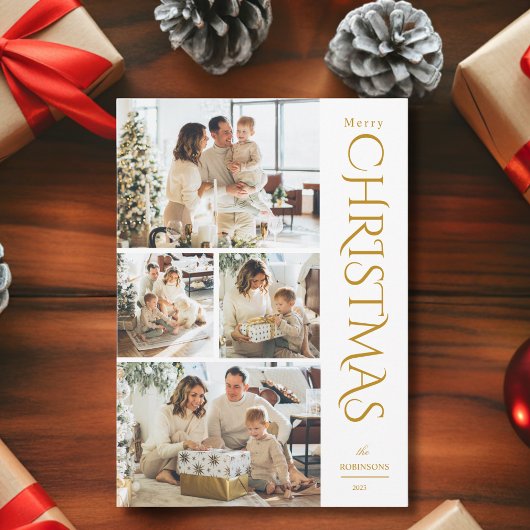 Moderne Elegante Gouden Vier Fotocollage Kerstmis Feestdagenkaart