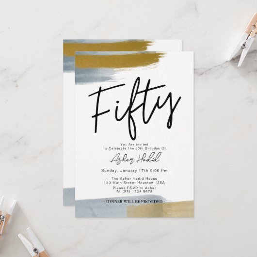 Moderne Elegante Gouden VIJFTIG 50e Verjaardagsfee Kaart (Voorkant / Achterkant in situ)