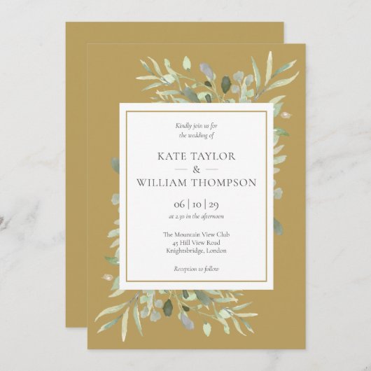 Moderne Elegante Gouden Waterverf Groene Trouw Kaart (Voorkant / Achterkant)