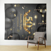 Moderne elegante Gouden zwarte verjaardag achtergr Wandkleed (In Situ (horizontaal))