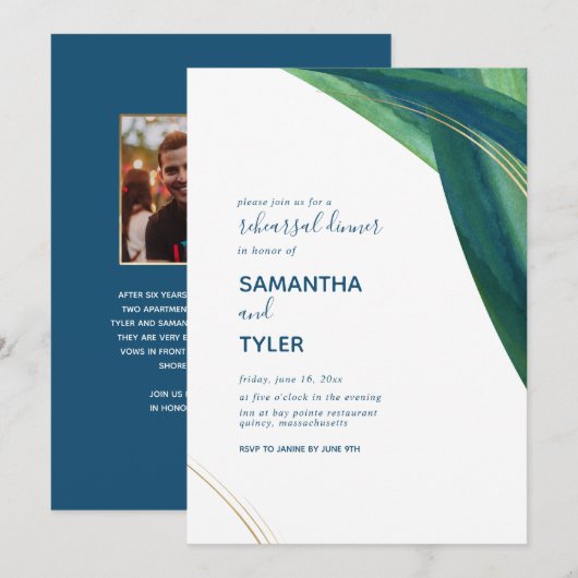 Moderne, elegante Green & Navy Rehearsal Invite Kaart (Voorkant / Achterkant)